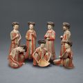 A set of seven pottery figures of court attendants, Sui dynasty (581-618)