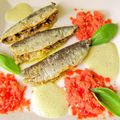 BA#9: sardines farcies au pesto croquant, granité de tomate, écume de basilic