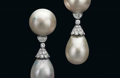 An exceptional pair of natural pearl and diamond ear pendants