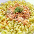 Fusilli longhi au saumon & pesto de coriandre, chapelure au parmesan et cajou 