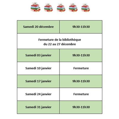 Information bibliothèque - planning d'ouverture pour Décembre 2025 et Janvier 2026