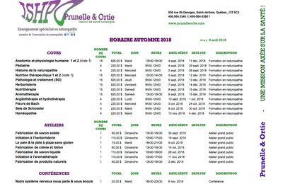 Horaire des cours et altiers pour l'automne 2018