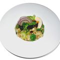 Risotto aux champignons de Paris, fèves et sarriette