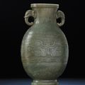 A large grey-green jade archaistic vase, bianhu, Jiaqing inscribed fanggu six-character and of the period (1796-1820)