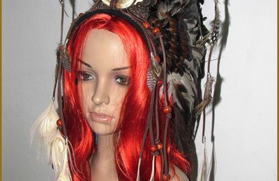 Coiffe Shaman Plumes Cornes Wicca Pagan native american Bohemian Feathers Horns Boho Headdress