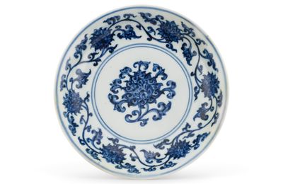 A rare small blue and white ‘lotus’ dish, Xuande six-character mark in underglaze blue within a double circle and of the period 