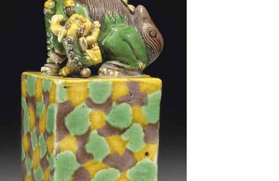 A green, yellow and aubergine-glazed seal, Kangxi period (1662-1722)