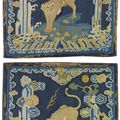 A very rare pair of embroidered gauze military official's rank badges of panthers, buzi, Qing dynasty, early 18th century 