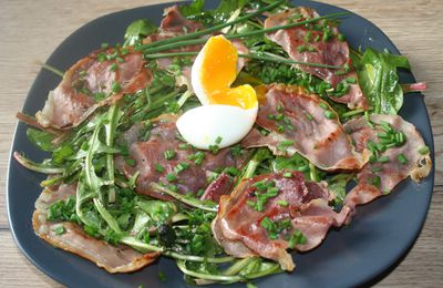 Salade de pissenlits, jambon cru italien, oeuf mollet