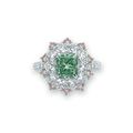 A rare 2.08 carats, VS1 clarity cushion-shaped fancy vivid bluish green diamond and diamond ring