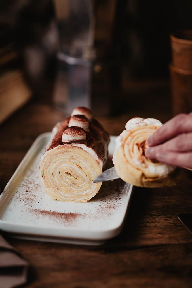 chandeleur, pâte à crêpes, buche de crêpes tiramisu, gateau roulé aux crêpes, facile, tiramisu, recette hiver, mascarpone, chantilly, café
