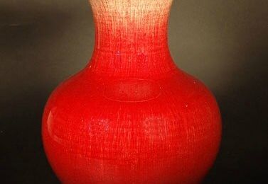 Large red glazed vase, of rounded form and sang de boeuf color glaze with fine crackle. China, 18th-early 19th century