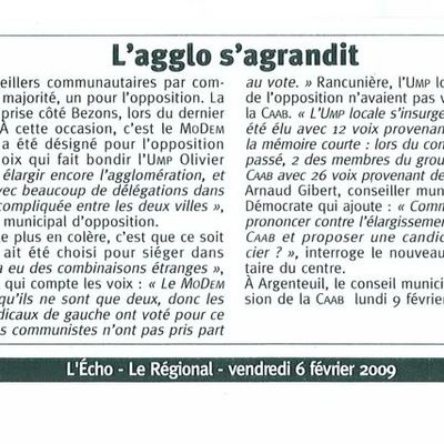 Echo Régional du  06/02/2009 : L'agglo s'agrandit