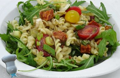 Salade de pâtes, tomates, chorizo et oignons frais
