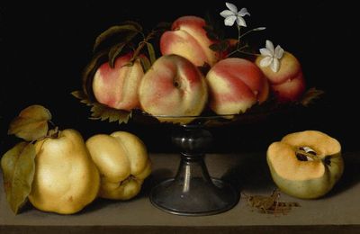 Fede Galizia, A glass compote with peaches, jasmine flowers, quinces, and a grasshopper