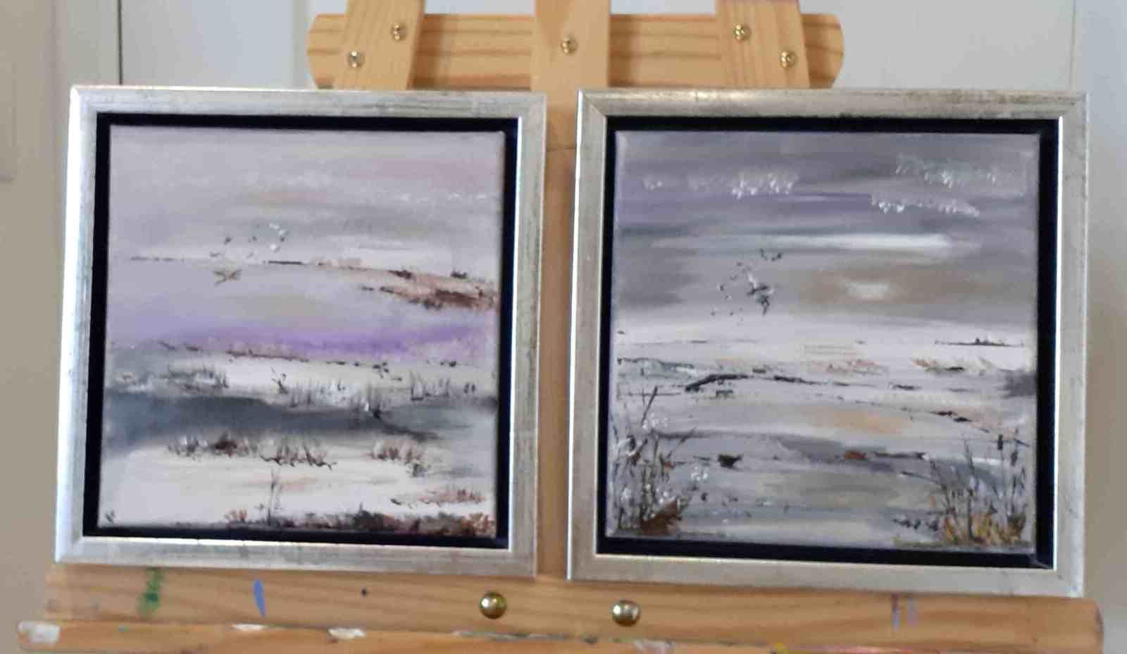 Brume diptyque , acryl2020, 2X20X20cm (N°175AetB ND ) cadre argent,