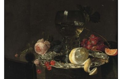 Simon Luttichuys and Cornelis de Heem,  'Roemer' with white wine, a partially peeled lemon, cherries and other fruit on a silver