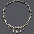 Natural pearl and diamond necklace, about 1900