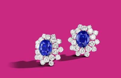 A Pair of 10.55 carats and 10.38 carats Ceylon Sapphire and Diamond Cluster Earclips, by Chantecler