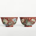 A fine and rare pair of coral-ground famille-verte bowls, Yu Zhi marks and period of Kangxi (1662-1722)