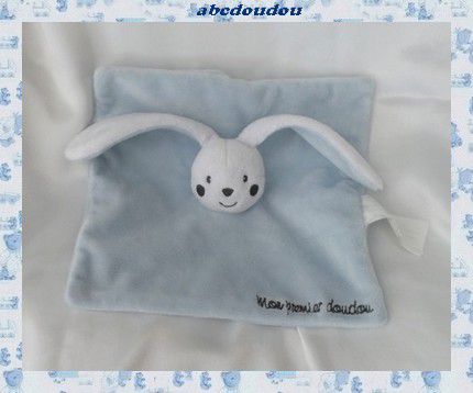 Peluche Doudou Plat Lapin Blanc Bleu mon premier doudou Kimbaloo