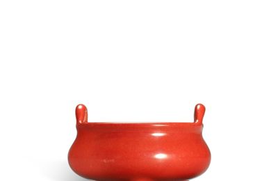 A coral-red enamelled tripod incense burner, Mark and period of Yongzheng