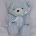 Doudou Peluche Ours Assis Bleu Rayures Blanc Grelot Tartine Et Chocolat 19 cm