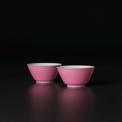 A rare and exquisite pair of rose-pink enamelled cups, Marks and period of Yongzheng