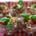 Verrines de salade d'épeautre aux légumes du soleil, jambon cru et mozzarella