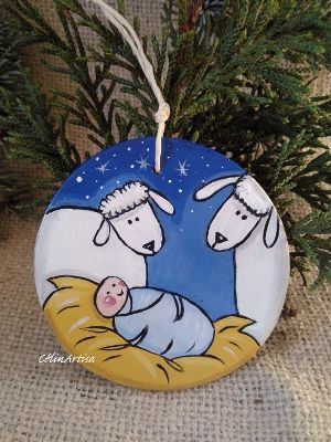 Déco Noel suspension argile nativité peint main