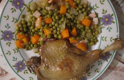 Confit de canard au ragoût de petits pois