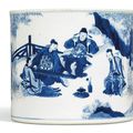A Blue and White 'Seven Sages of the Bamboo Grove' Brushpot, bitong, Qing dynasty, Kangxi period (1662-1722)