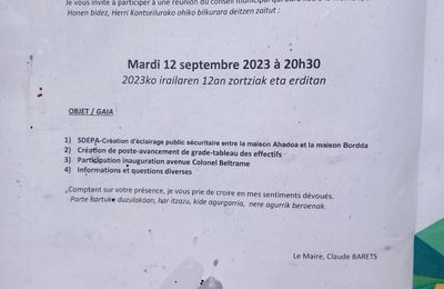 Réunion de Conseil, ce Mardi 12 sept.2023 à 20h30