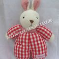 Doudou Peluche Lapin Blanc Tissu Carreaux Rouge Et Blanc Nounours