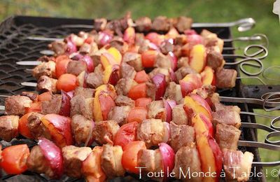 Brochettes de canard marinées (sauce soja , huile d'olive , gingembre , curry , citron) aux pêches jaunes et oignons rouges