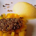 sorbet à la mandarine - tuile au grué - fruits exotiques