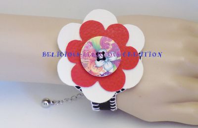 Tres Original Bracelet En smili Cuir !! FLOWER POWER !! noir blanc rouge 18cm adjustable a 23cm BELICIOUS DELICIOUS CREATION