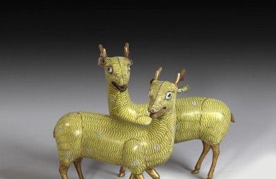 A pair of  Chinese cloisonne FI figures of yellow deer. Qing dynasty, Qianlong period (1736-1795)