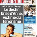 Attentat au Kenya: deux françaises ont été tuées: couverture du journal "aujourd'hui en France"