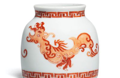 A fine and very rare iron-red 'Phoenix' waterpot, Yongzheng six-character mark and of the period (1723-1735)