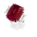 A 38.68 carats Burma, Mogok Valley sugarloaf ruby cabochon and diamond ring
