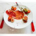 Gaspacho melon, fraises, tomates avec son jambon d'Aoste grillé et ses figues fraîches.....