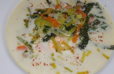 soupe coco, légumes et crevettes