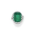 A rectangular-cut emerald and diamond ring