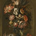 Jacob Marrel, Still life of flowers in a glass vase within a niche, with cherries, shells and a lizard 