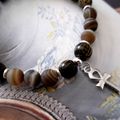 Bracelet homme - poignet fort - Perles agate striée dépolie - Perles bois de Patikan et croix Ankh en métal plaqué argent