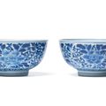 A pair of blue and white 'peony' bowls, Kangxi six-character marks and of the period (1662-1722)