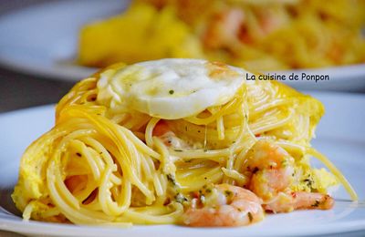 Cake de spaghetti aux crevettes roses et mozza