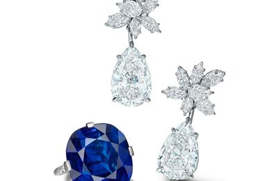 Pair of Diamond Pendent Earrings, Tops by Harry Winston & Cartier, Sapphire and Diamond Ring, Circa 1915