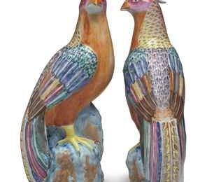 A pair of Chinese Export famille rose pheasants, Qianlong period